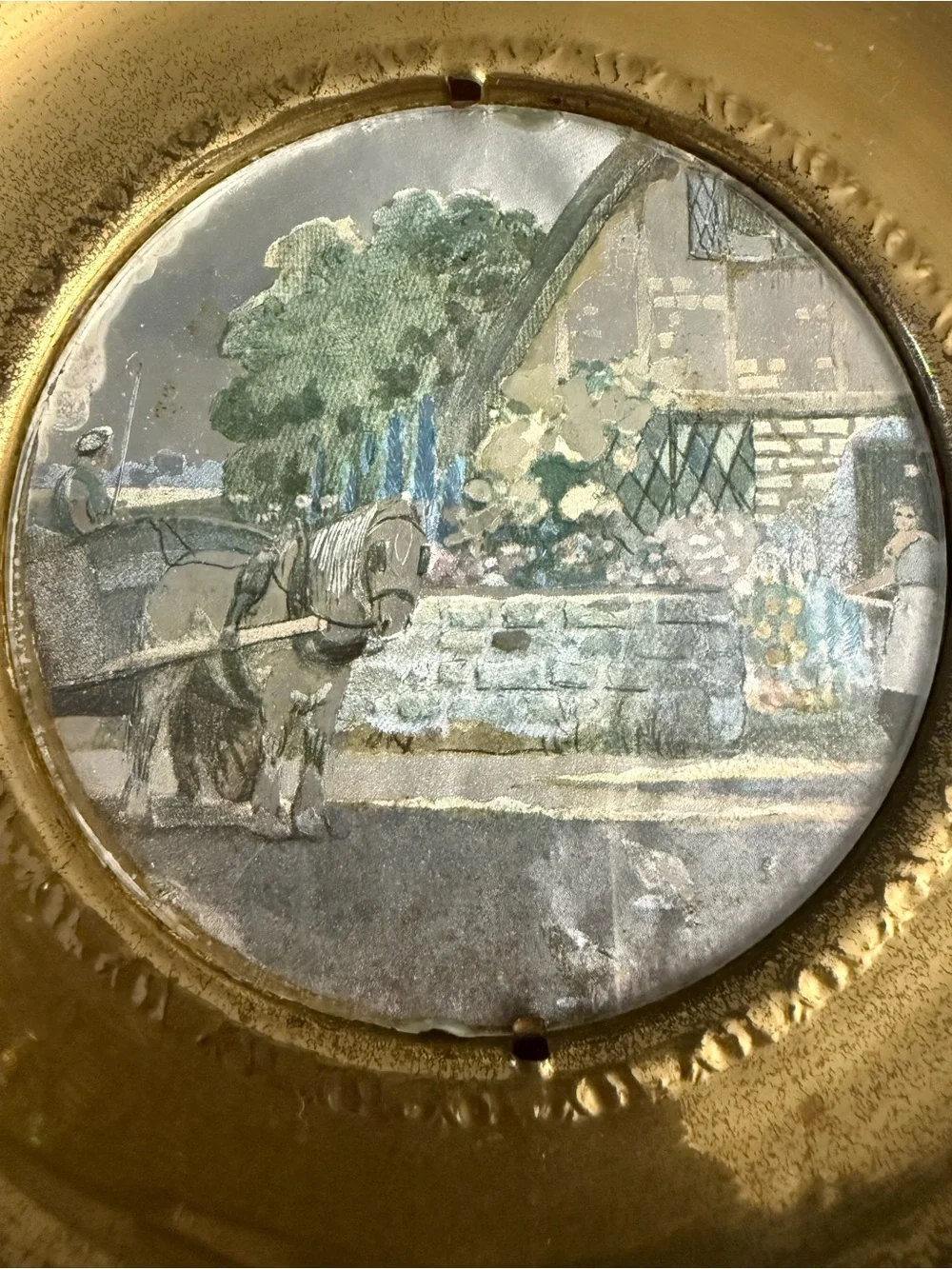 Vintage Picture Brass-Tone Round Wall Plaque with Scenic Insert Gold Toned OSP